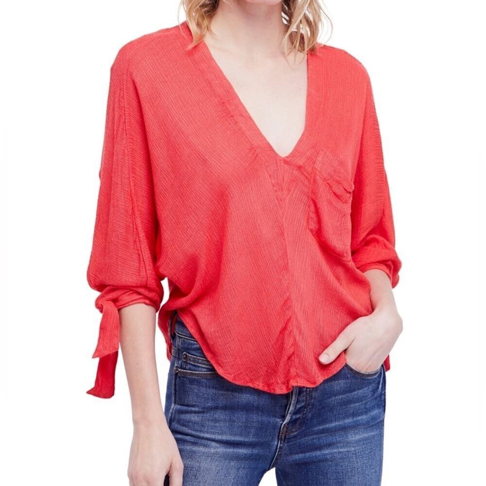 Free People Coral Morning Crepe Dolman V-Neck Blouse Top M Adjustable Sleeves!